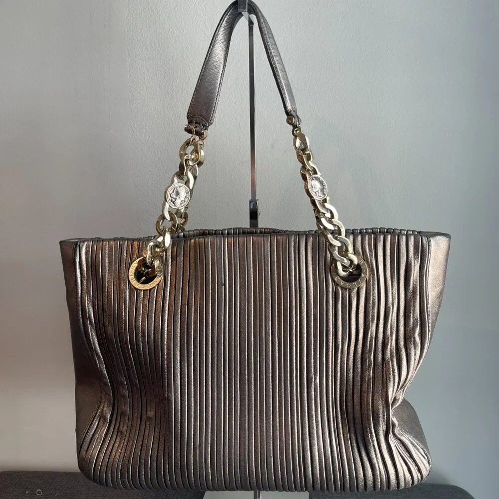 Bvlgari Gunmetal Monte Plisse Leather Shopper Tote - Preowned